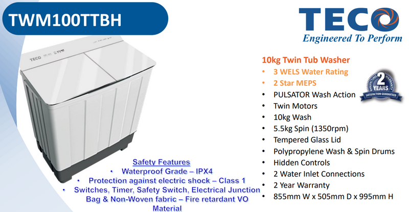 TECO- 10kg Twin Tub Washing Machine TWM100TTBH Just Available in WA